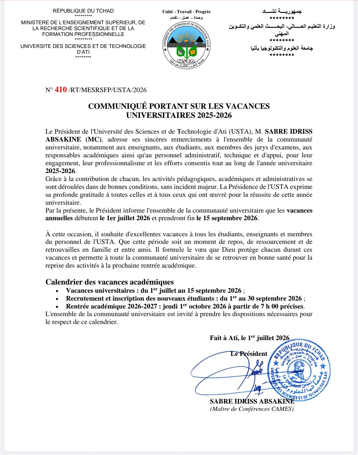 COMMUNIQUÉ PORTANT SUR LES VACANCES UNIVERSITAIRE 2025-2026